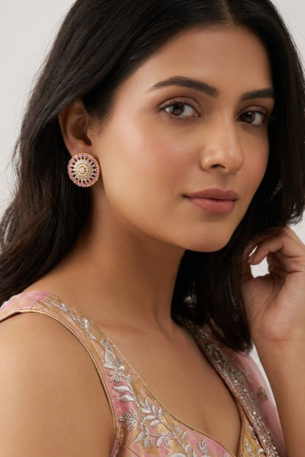 Round Flower Shape Studs In Pink Colour With American Diamonds