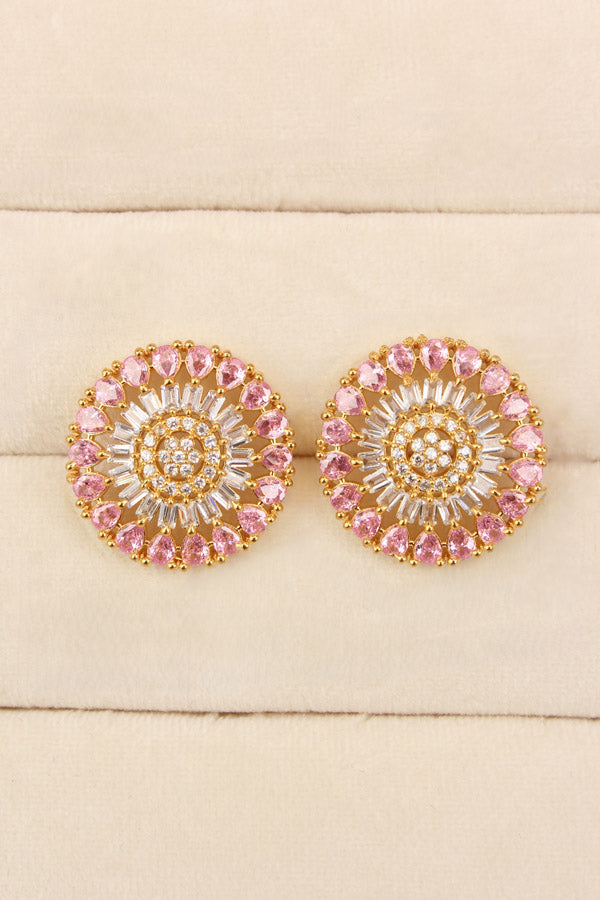 Round Flower Shape Studs In Pink Colour With American Diamonds (ST004-P-B1)