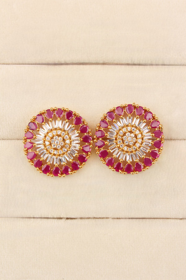 Round Flower Shape Studs In Ruby Colour With American Diamonds (ST004-RU-B1)