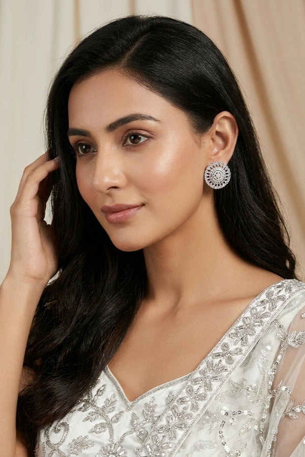Round Flower Shape Studs In Silver Colour With American Diamonds