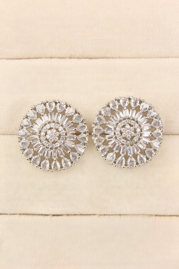 Round Flower Shape Studs In Silver Colour With American Diamonds (ST004-S-B1)