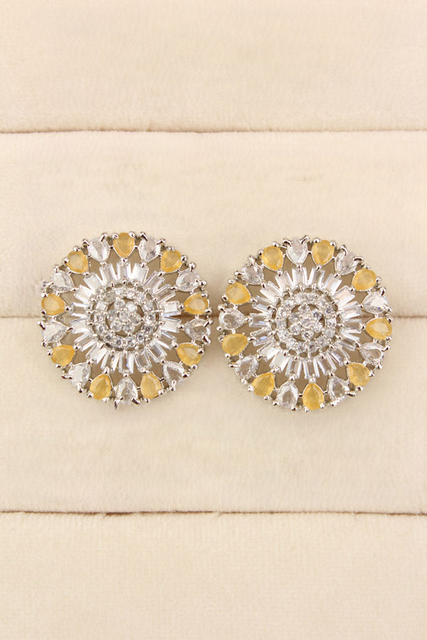 Round Flower Shape Studs In Yellow Colour With American Diamonds (ST004-Y-B1)