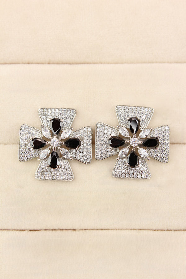 Studs With Double Flower With Black Colour American Diamonds (ST005-BL-B1)