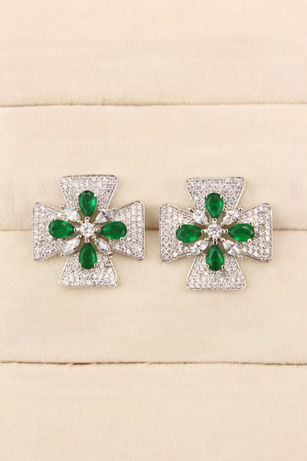 Studs With Double Flower With Green Colour American Diamonds (ST005-G-B1)