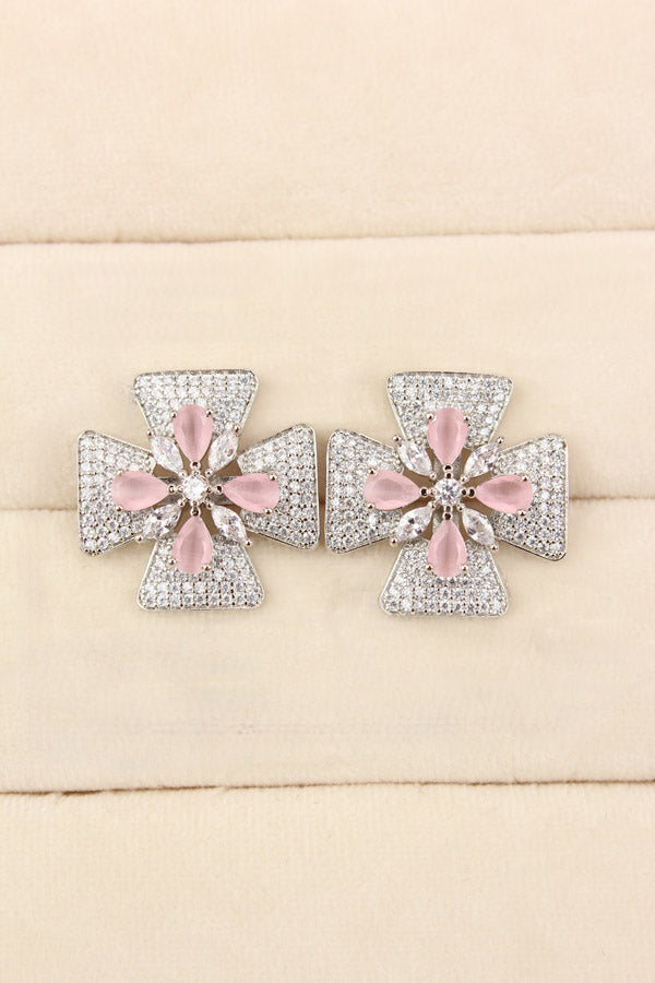 Studs With Double Flower With Pink Colour American Diamonds (ST005-P-B1)