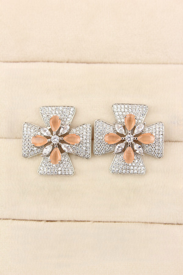 Studs With Double Flower With Peach Colour American Diamonds (ST005-PE-B1)