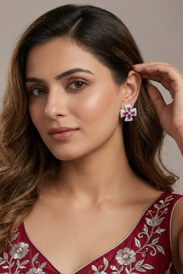 Studs With Double Flower With Ruby Colour American Diamonds