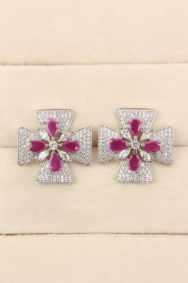 Studs With Double Flower With Ruby Colour American Diamonds (ST005-RU-B1)