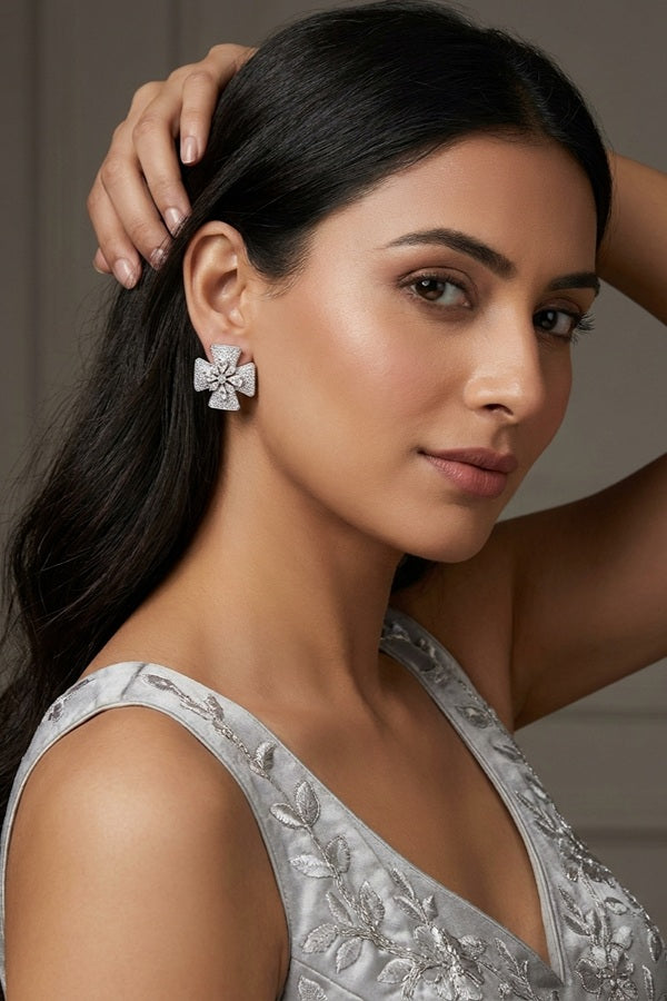 Studs With Double Flower With Silver Colour American Diamonds