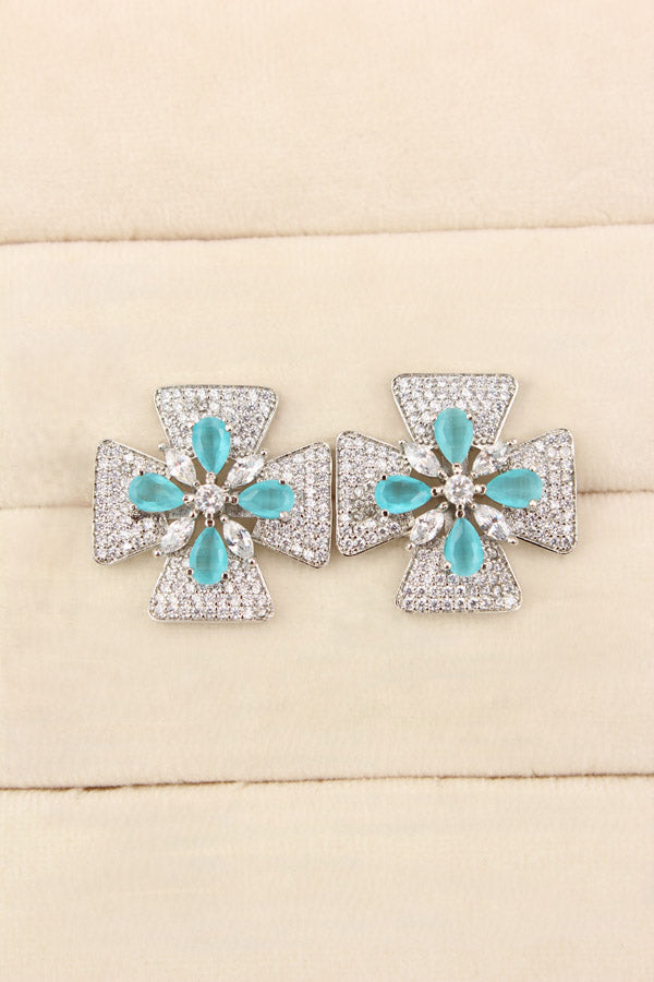 Studs With Double Flower With Sky Blue Colour American Diamonds (ST005-SB-B1)