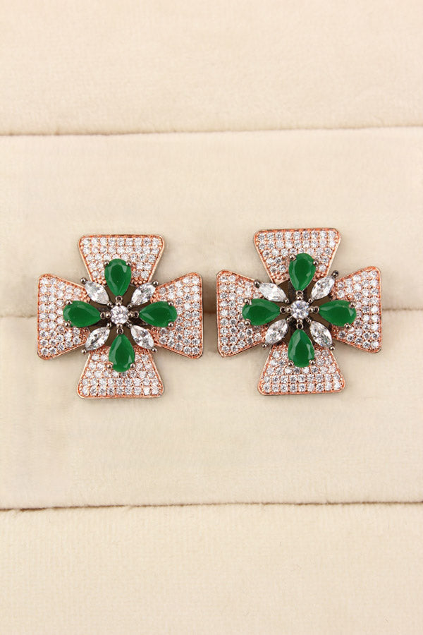 Studs With Double Flower With Green Colour American Diamonds (ST006-G-B1)
