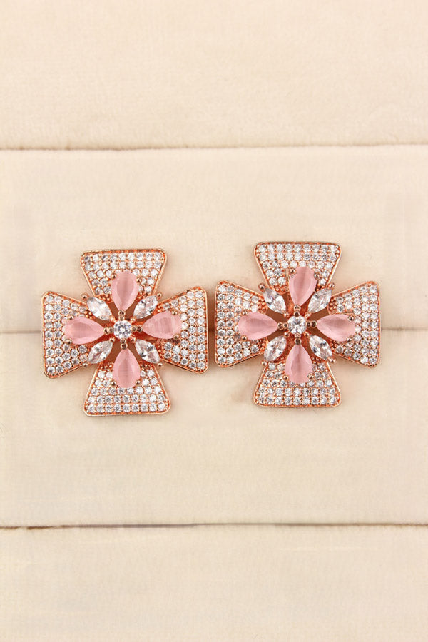 Studs With Double Flower With Pink Colour American Diamonds (ST006-P-B1)