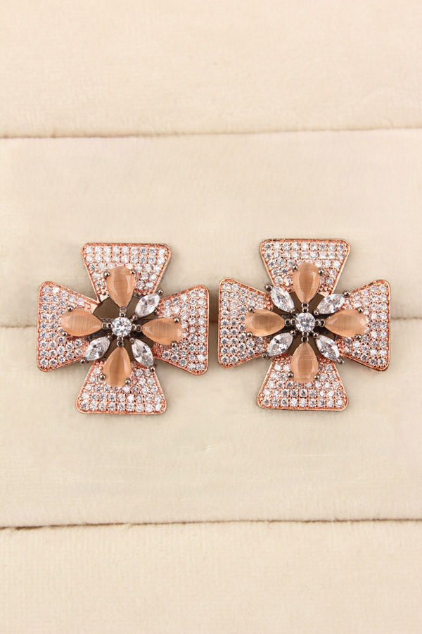 Studs With Double Flower With Peach Colour American Diamonds (ST006-PE-B1)