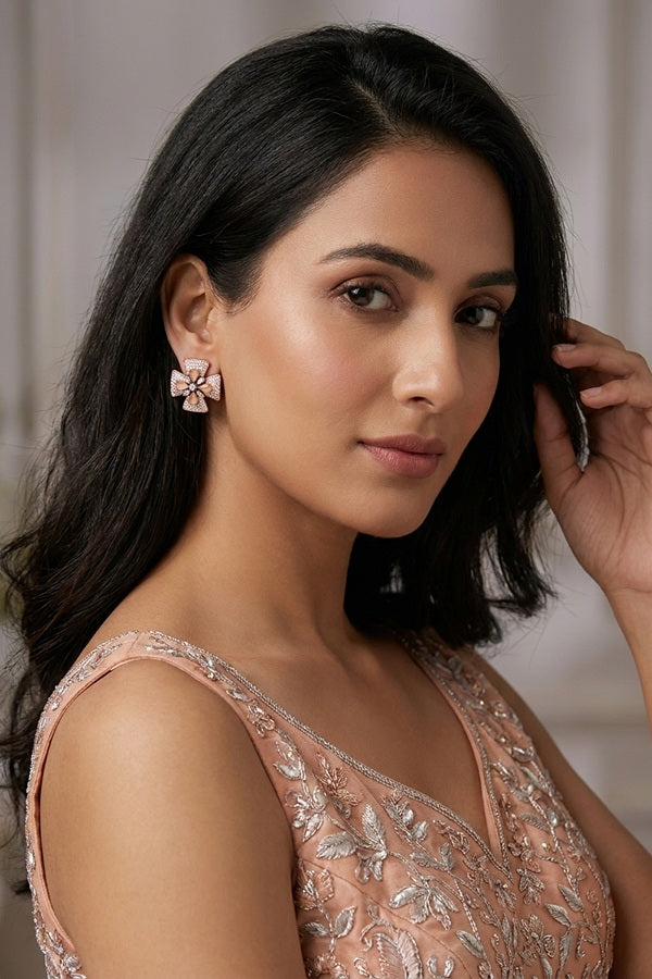 Studs With Double Flower With Peach Colour American Diamonds