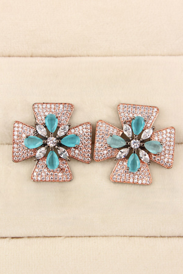 Studs With Double Flower With Sky Blue Colour American Diamonds (ST006-SB-B1)