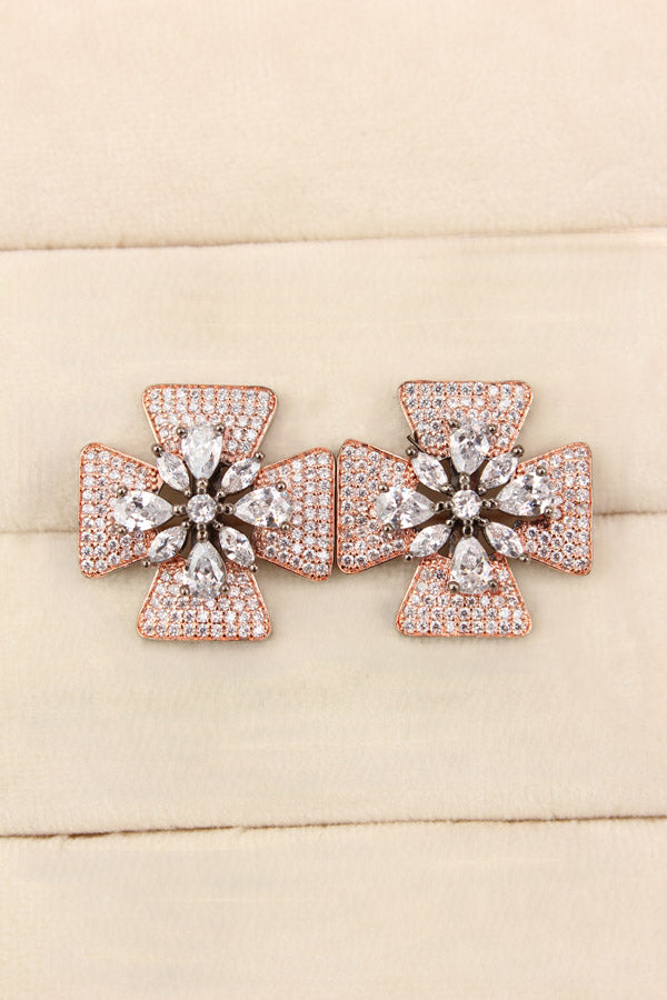 Studs With Double Flower With White Colour American Diamonds (ST006-W-B1)