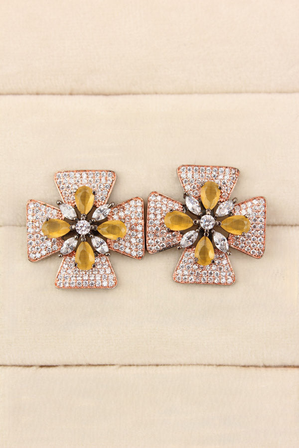Studs With Double Flower With Yellow Colour American Diamonds (ST006-Y-B1)