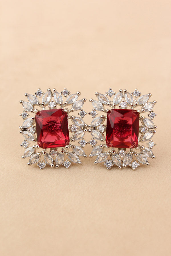 American Diamonds Studs With Center Stone In Red Colour (ST007-R-B1)