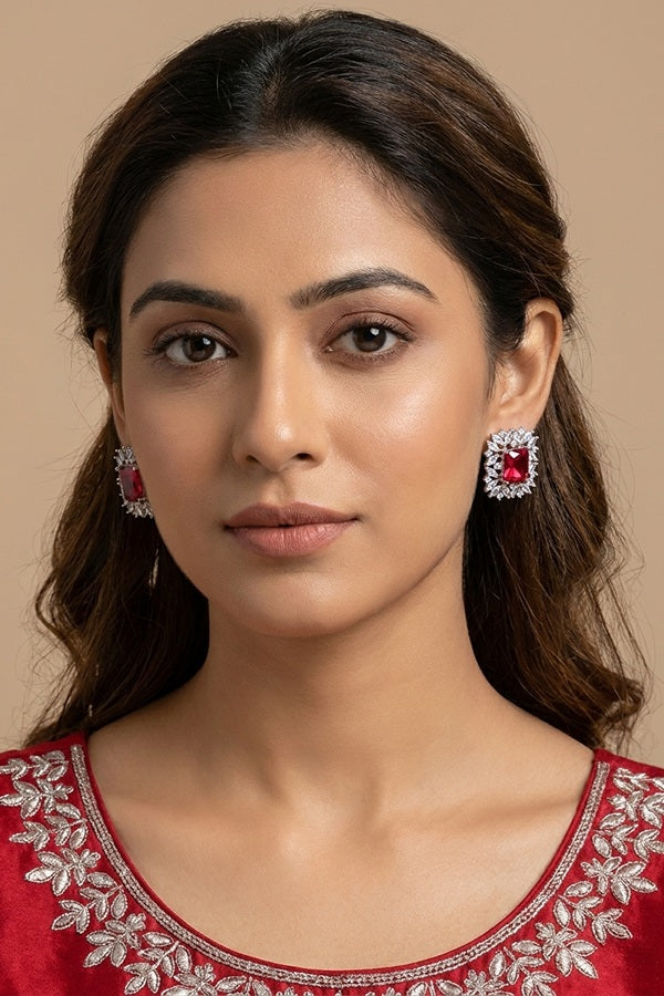 American Diamonds Studs With Center Stone In Red Colour