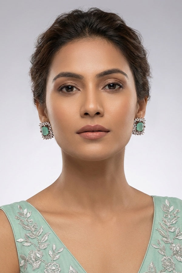 American Diamonds Studs With Center Stone In Mint Green Colour