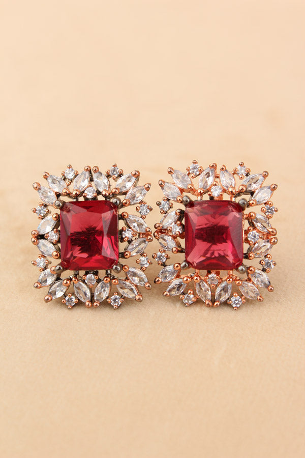 American Diamonds Studs With Center Stone In Red Colour (ST008-R-B1)