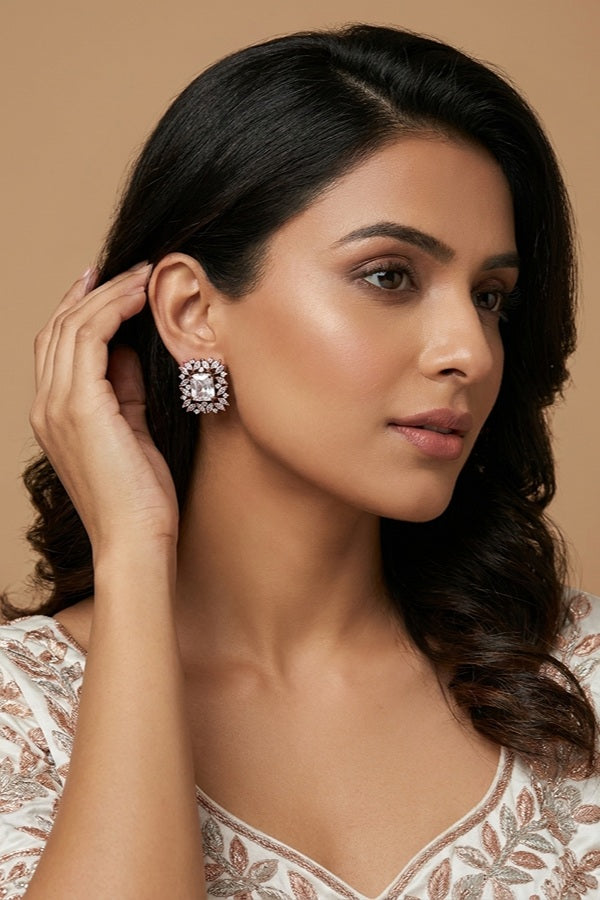 American Diamonds Studs With Center Stone In Silver Colour