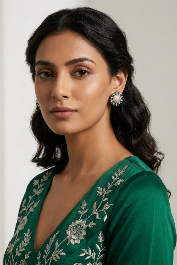 Flower Studs With Small American Diamonds In Green Colour