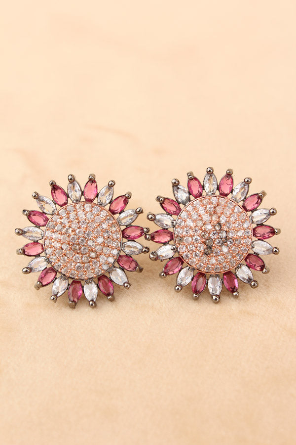 Flower Studs With Small American Diamonds In Ruby Colour (ST009-RU-B1)