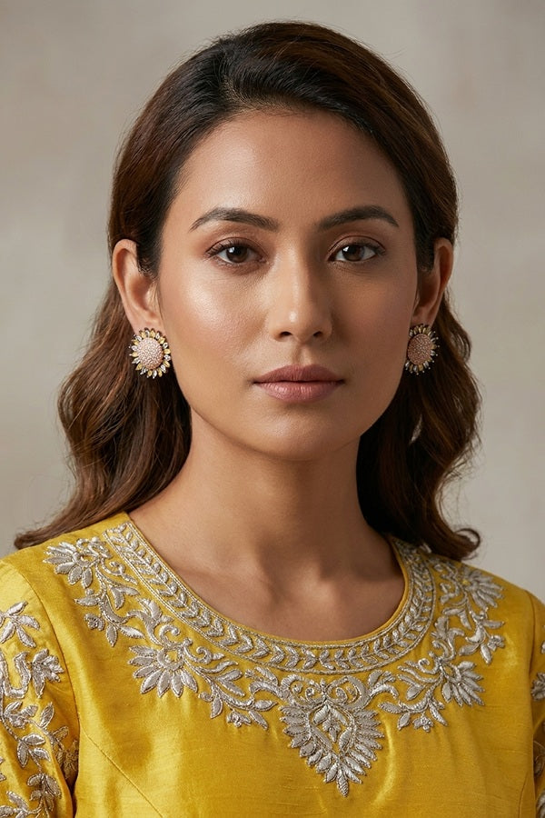 Flower Studs With Small American Diamonds In Yellow Colour