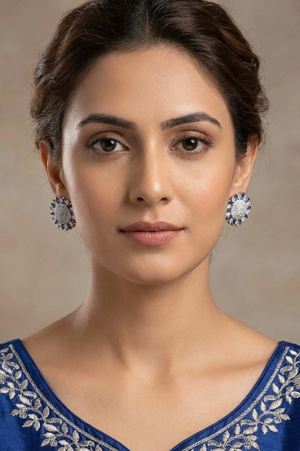 Flower Studs With Small American Diamonds In Blue Colour