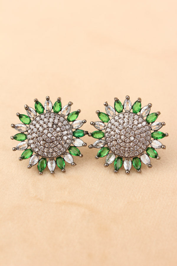 Flower Studs With Small American Diamonds In Dark Green Colour (ST010-DG-B1)