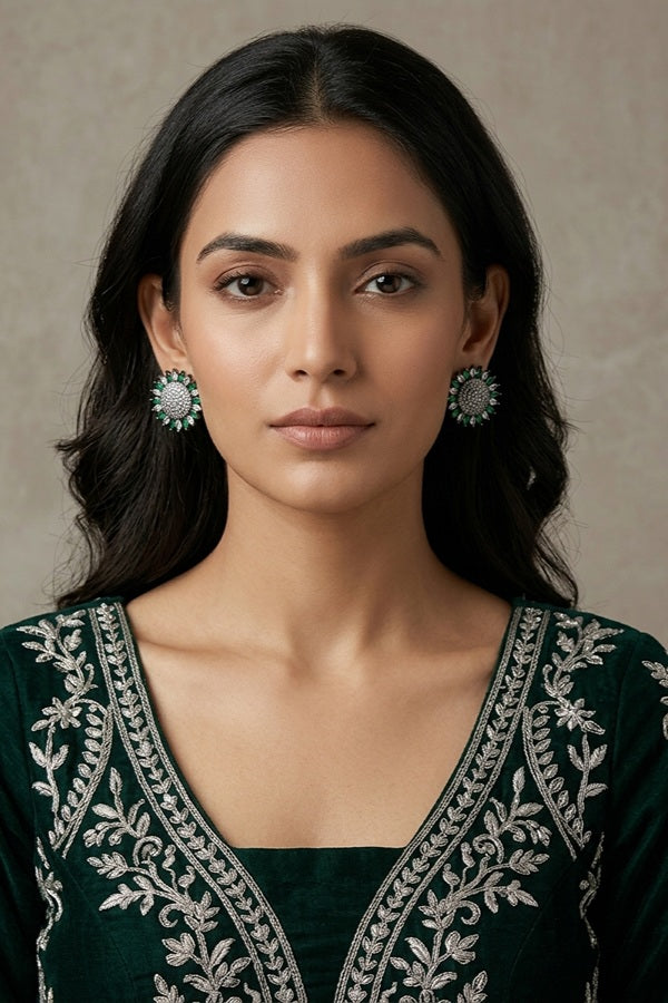 Flower Studs With Small American Diamonds In Dark Green Colour