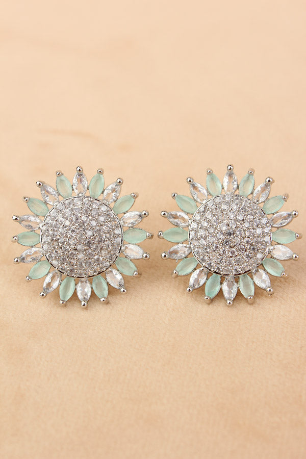 Flower Studs With Small American Diamonds In Mint Green Colour (ST010-MG-B1)