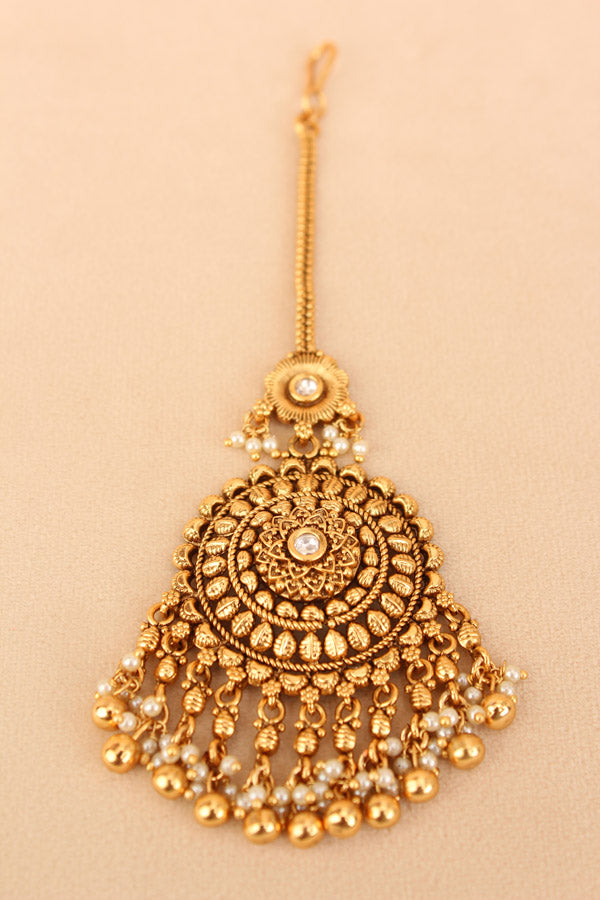 Gold Plated Tikka With Center Stone And Small Beads Attached (T001-FA)