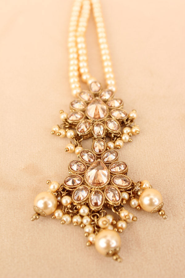 Tikka With Reverse AD Stones In Gold Colour And Beads Attached Also Pearls (T001-GO-Polki)