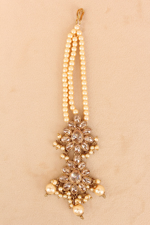 Tikka With Reverse AD Stones In Gold Colour And Beads Attached Also Pearls (T001-GO-Polki)