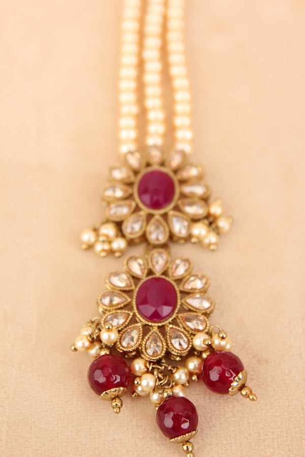 Tikka With Reverse AD Stones In Ruby Colour And Beads Attached Also Pearls (T001-RU-Polki)