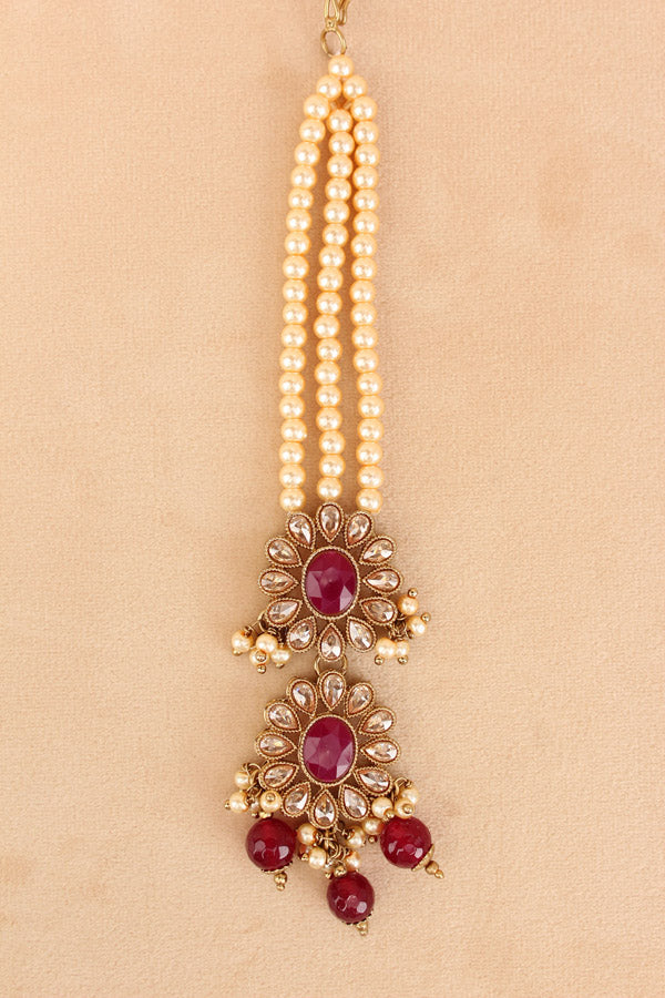 Tikka With Reverse AD Stones In Ruby Colour And Beads Attached Also Pearls (T001-RU-Polki)