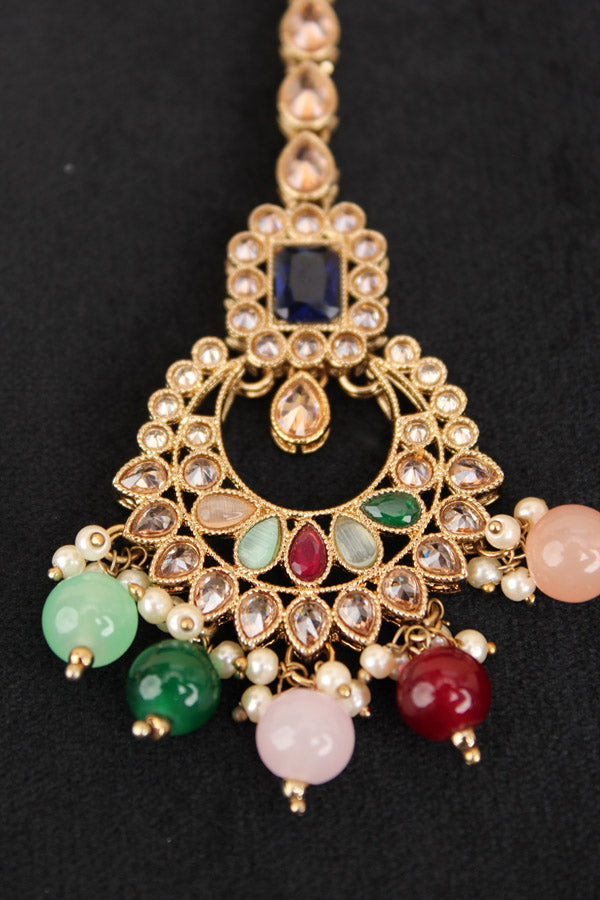 Reverse AD Tikka With Colourful Stones And Pearls With Center Blue Stone (T002-B-Polki)