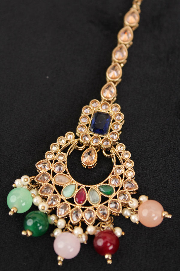 Reverse AD Tikka With Colourful Stones And Pearls With Center Blue Stone (T002-B-Polki)