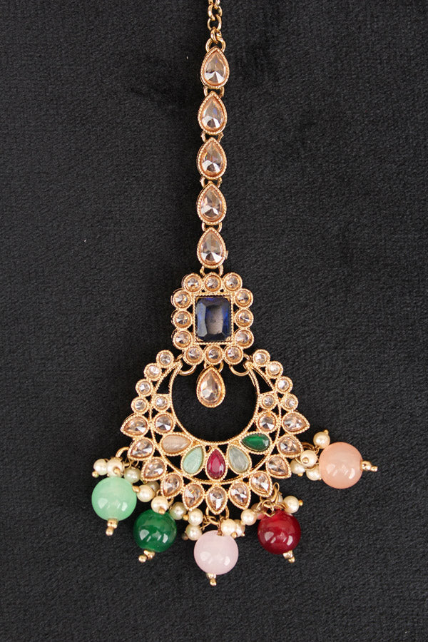 Reverse AD Tikka With Colourful Stones And Pearls With Center Blue Stone (T002-B-Polki)