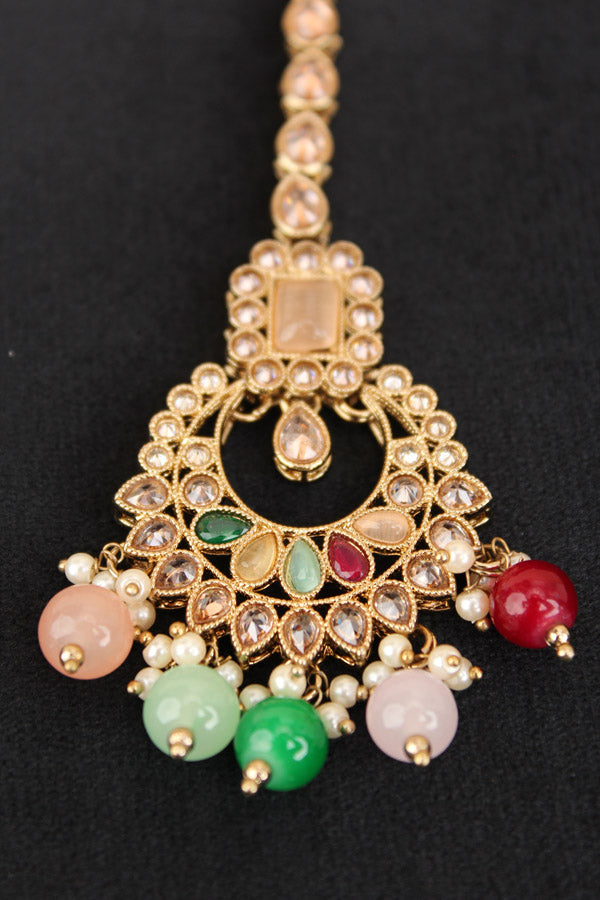 Reverse AD Tikka With Colourful Stones And Pearls With Center Peach Stone (T002-PE-Polki)