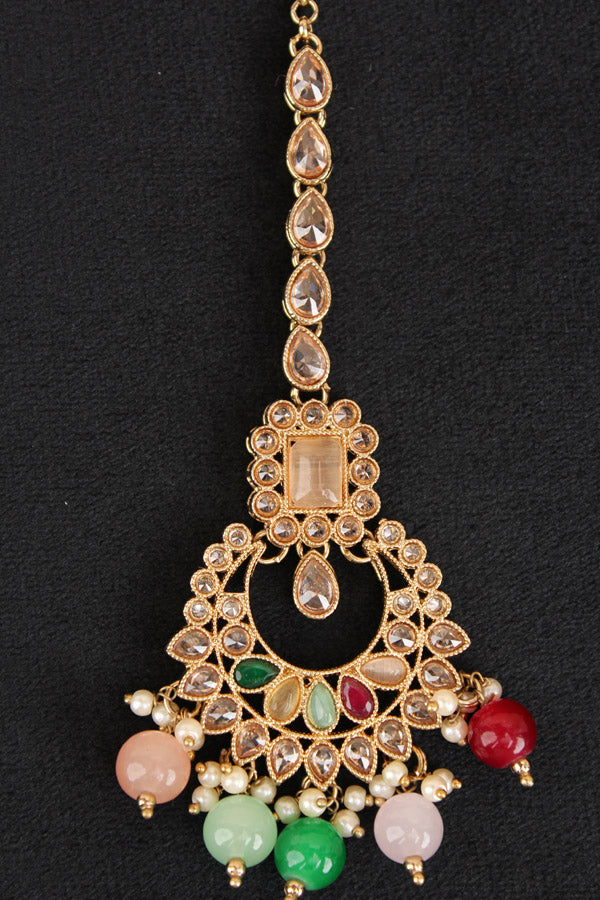 Reverse AD Tikka With Colourful Stones And Pearls With Center Peach Stone (T002-PE-Polki)