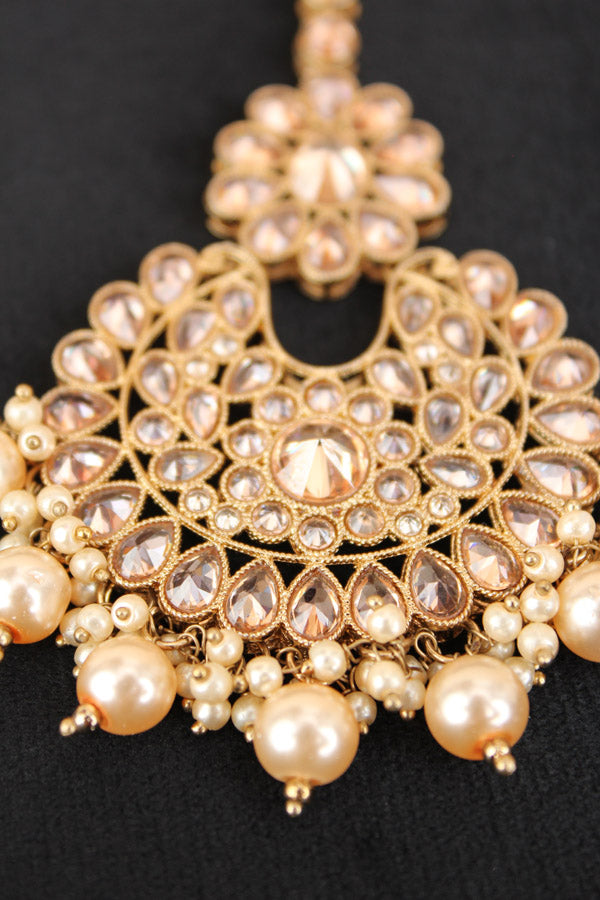 Heavy Look Tikka With Polki Stones With Golden Beads And Pearls Attached (T003-GO-Polki)