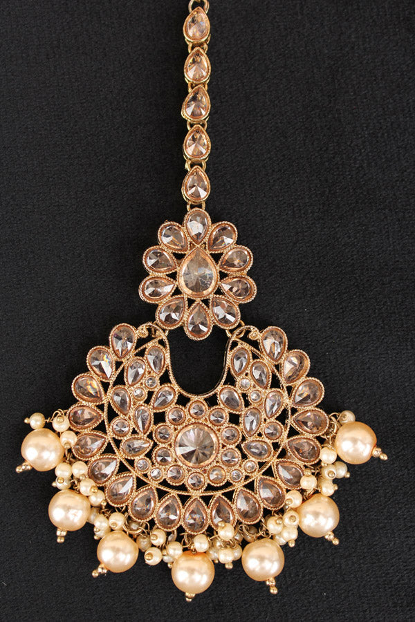 Heavy Look Tikka With Polki Stones With Golden Beads And Pearls Attached (T003-GO-Polki)