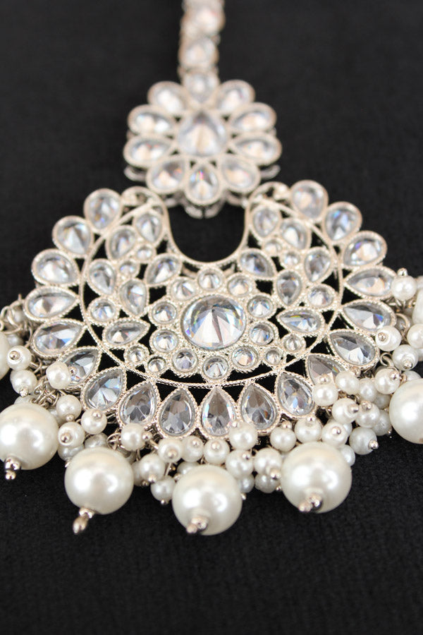 Heavy Look Tikka With Polki Stones With White Beads And Pearls Attached In Silver Polish (T003-S-Polki)