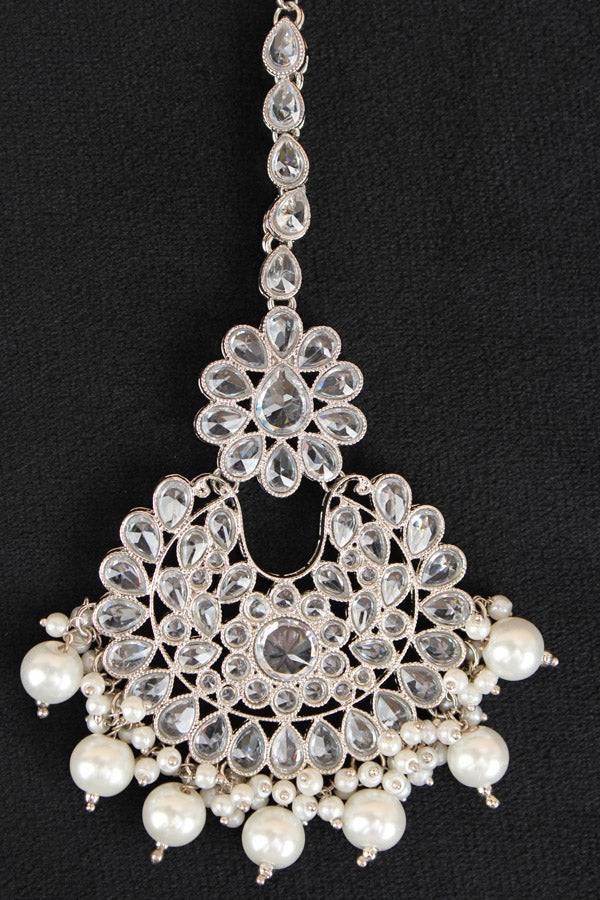 Heavy Look Tikka With Polki Stones With White Beads And Pearls Attached In Silver Polish (T003-S-Polki)