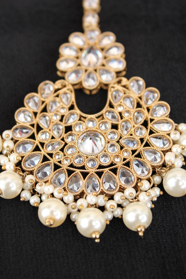 Heavy Look Tikka With Polki Stones With White Beads And Pearls Attached (T003-W-Polki)