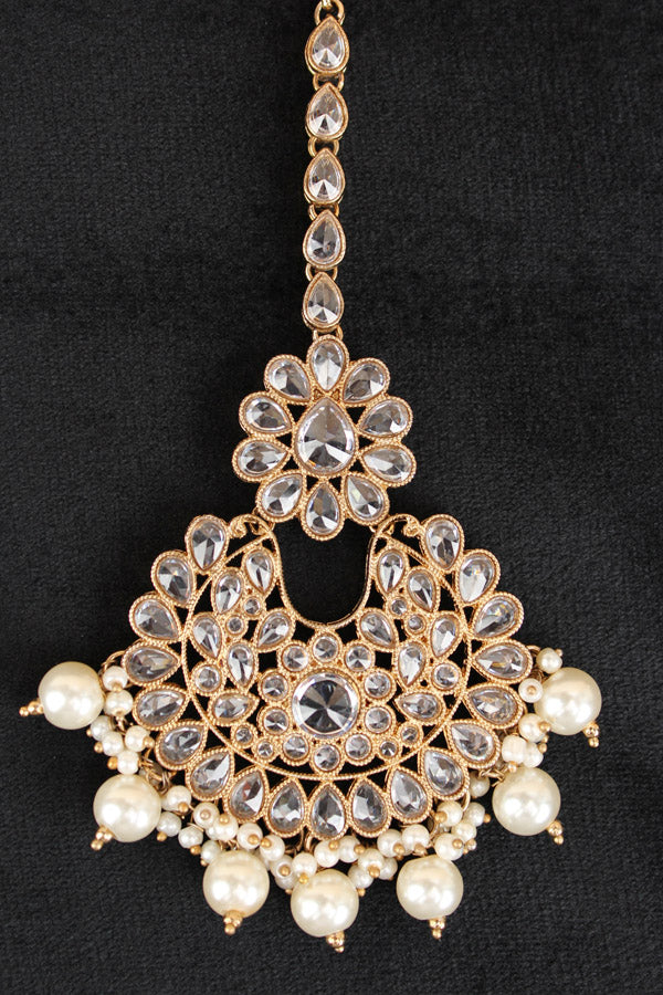 Heavy Look Tikka With Polki Stones With White Beads And Pearls Attached (T003-W-Polki)