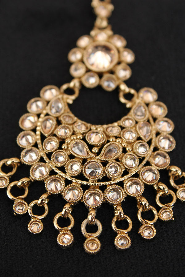Mehndi Polish Tikka With Reverse AD stones And Small Pendants Attached (T004-GO-Polki)